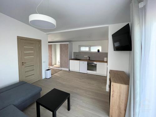 sala de estar con sofá, mesa y cocina en Apartamentai Biržuose, Cozy Modern Bungalows en Biržai