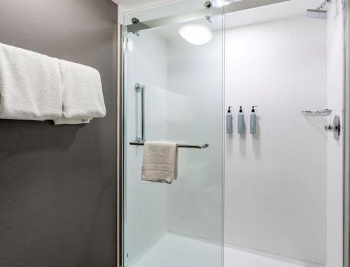 a bathroom with a shower with a glass door at Courtyard Burlington Williston in Burlington