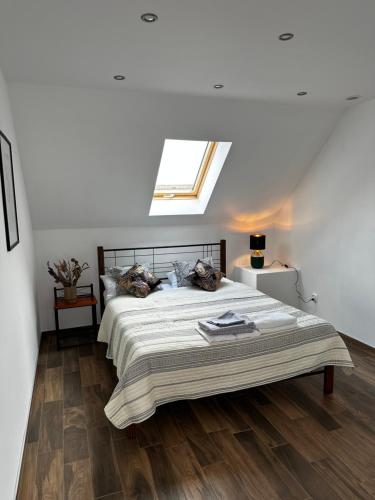 um quarto com uma cama grande e uma clarabóia em Loft Elsnera3 em Jelenia Góra