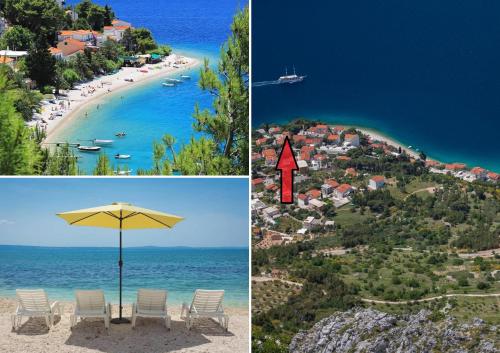 two pictures of a beach with a red arrow at Beach Apartments Borovina in Stanići
