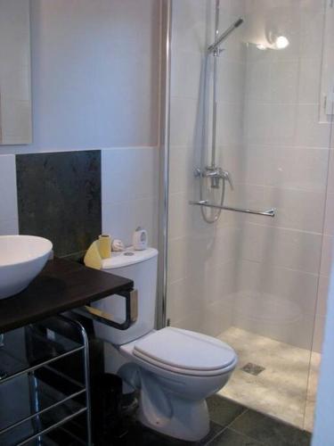 une salle de bain avec une douche, des toilettes et un lavabo dans l'établissement Villa de qualité vue mer piscine chauffée, à Roquebrune-sur Argens