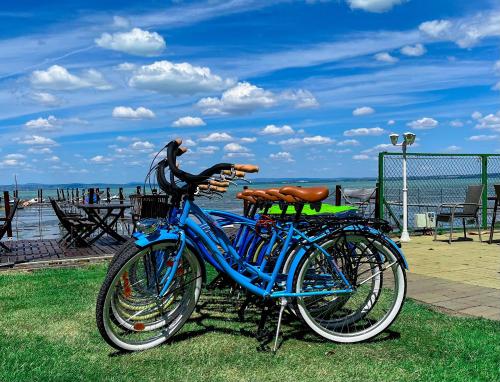 two bikes parked on the grass near the water at Royal Mediterran in Siófok