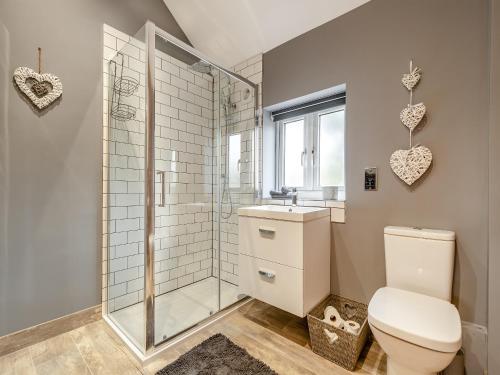 a bathroom with a shower and a toilet and a sink at Barn One in Sandbach