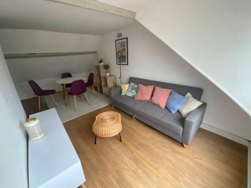 un salon avec un canapé et une table dans l'établissement Emeraude B avec salle de sport, à Amiens