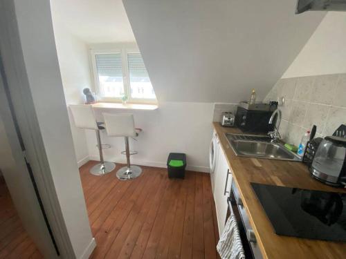 Il comprend une cuisine avec un évier et du parquet. dans l'établissement Emeraude B avec salle de sport, à Amiens