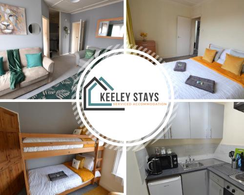 een collage van drie foto's van een keuken en een slaapkamer bij Victoria Bay - Whole Apt - 2 Bed - WiFi - Beach - Harbour - Herne Bay in Herne Bay