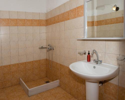La salle de bains est pourvue d'un lavabo et d'une douche. dans l'établissement Villa Murano, à Fira