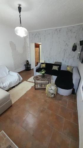 ein Wohnzimmer mit einem Sofa und einem Tisch in der Unterkunft Kosta Apartments in Subotica