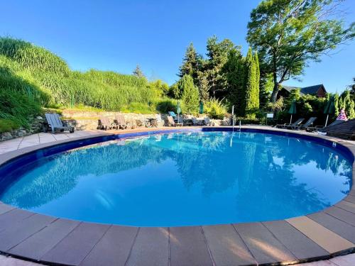 a large pool with blue water in a yard at Pension Imlauf in Vrchlabí