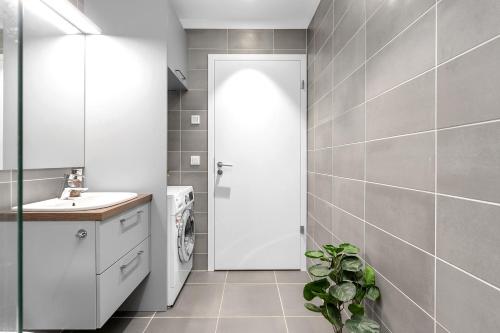 a bathroom with a sink and a washing machine at Tower Apartments in Reykjavík