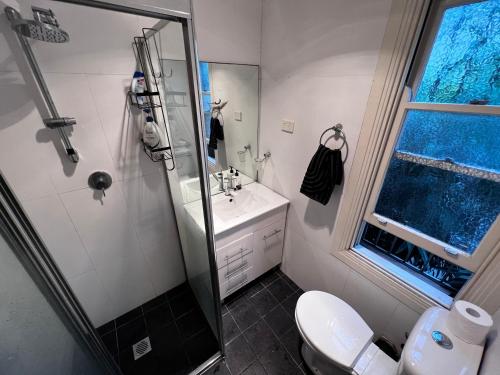 a bathroom with a shower and a toilet and a sink at Peaceful Haven in Sydney