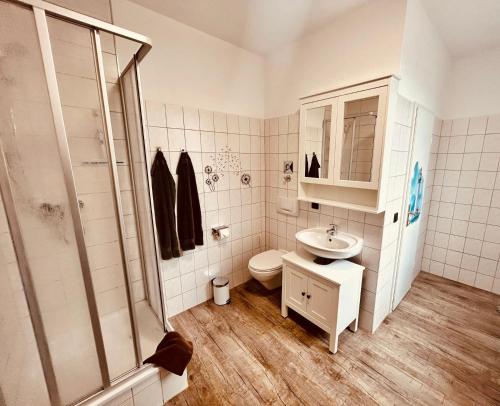 a bathroom with a toilet and a sink and a shower at Richter Apartments 3 in Finsterwalde