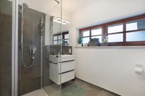 a bathroom with a shower and a sink and a glass shower stall at Lackner in Teisendorf