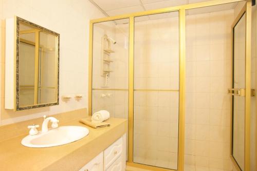 a bathroom with a sink and a shower at Condominio Carabelas de Colón in Playas