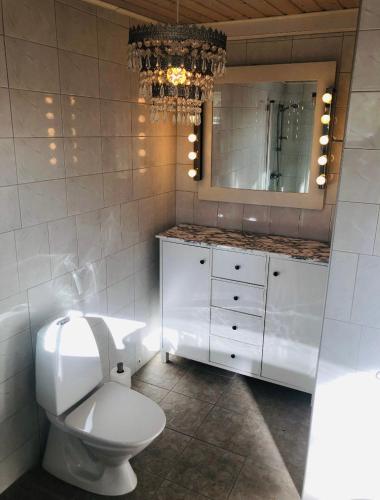 a bathroom with a white toilet and a mirror at Blå Dörren in Torekov