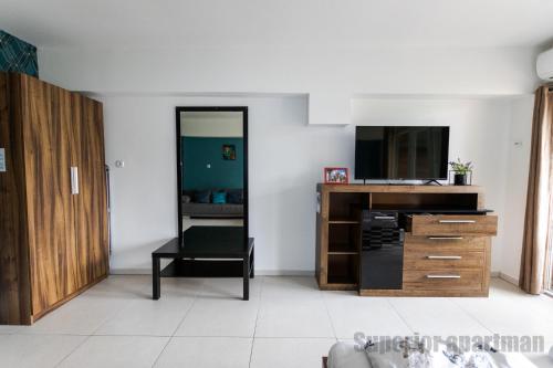 a living room with a television and a chair at Tisza Gyöngye Apartmanok in Szeged