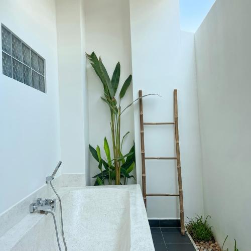 a bathtub in a bathroom with a plant at Emerald Residence Kampot in Kampot