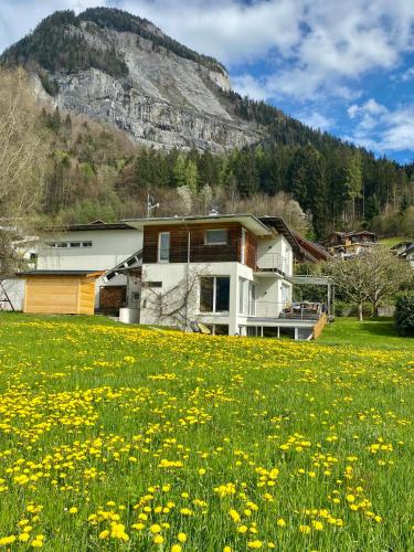 a field of flowers in front of a house at s'pölven NEST in Bad Häring