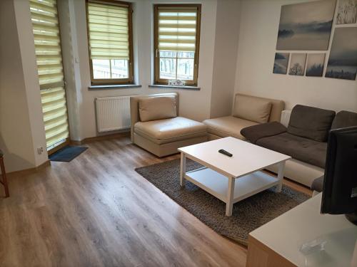 a living room with a couch and a coffee table at Apartament Green Hill in Szklarska Poręba