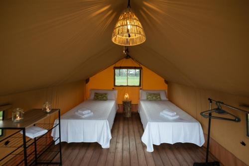 a room with two beds in a tent at Glamping VALL de CODÓ in Terrades