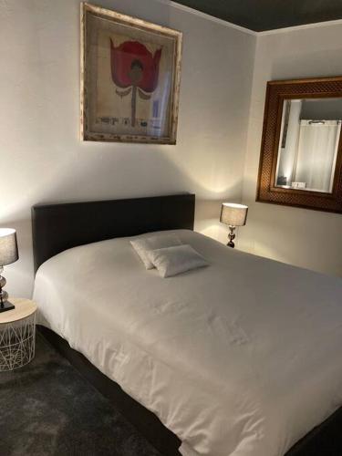 een slaapkamer met een groot wit bed met 2 lampen bij Appartement à Sommières in Sommières