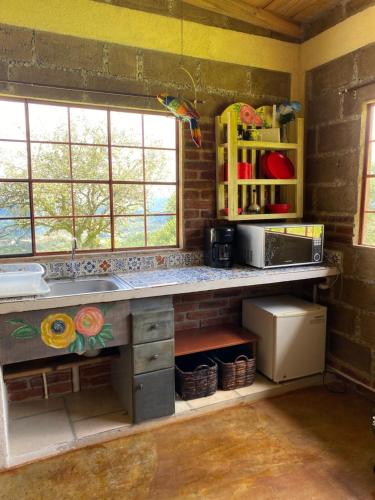 a kitchen with a counter with a sink and windows at Cabañas Huerta la Mision, Zacatlán in Zacatlán