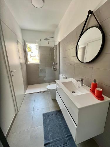 une salle de bain avec un lavabo, des toilettes et un miroir dans l'établissement Grand studio - Ajaccio - Salario - Capo di feno, à Ajaccio