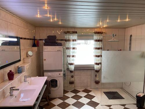 uma cozinha com um lavatório e uma máquina de lavar roupa em Haus am See em Braunschweig