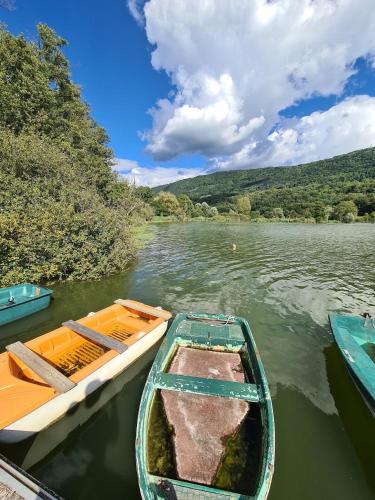 a boat is docked on a body of water at Le Lodge du Pichat in Sainte-Hélène-du-Lac