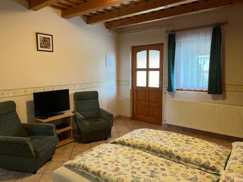 a bedroom with a bed and a chair and a television at Ibolya Vendégház in Kehidakustány