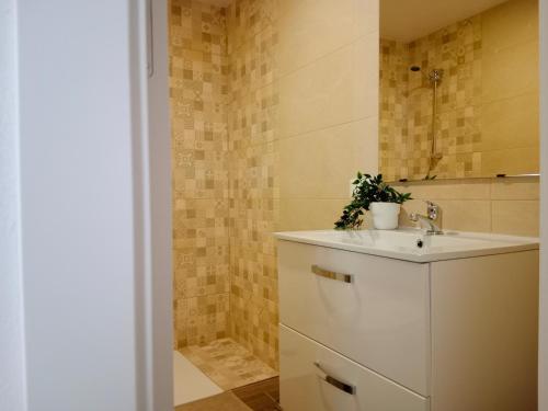 ein Badezimmer mit einem weißen Waschbecken und einem Spiegel in der Unterkunft Apartamento La Yedra in Jerez de la Frontera