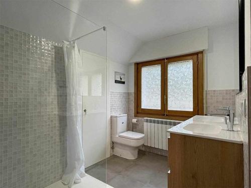a bathroom with a toilet and a sink and a shower at Casa Jabarde in Jaurrieta