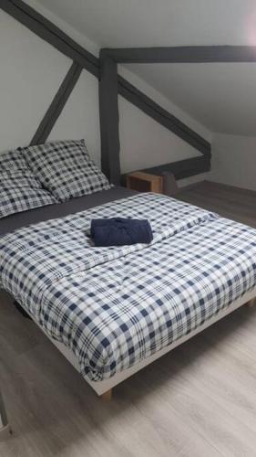 厄杜龐的住宿－Radepont Maison 8 pers. max，一张带黑白毯子的床