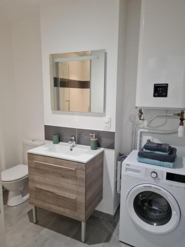 ein Badezimmer mit einem Waschbecken und einer Waschmaschine in der Unterkunft Saumur centre : appartement entièrement rénové. in Saumur