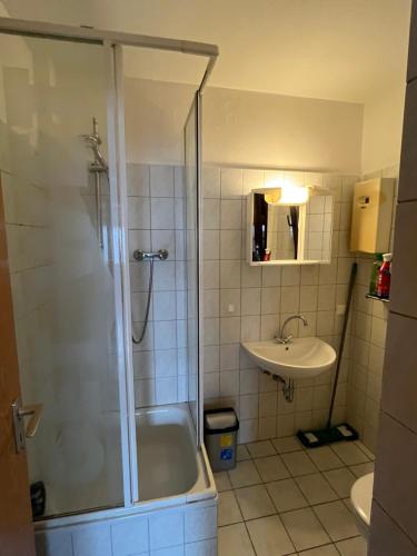 La salle de bains est pourvue d'une douche et d'un lavabo. dans l'établissement Apartment Essen, à Essen