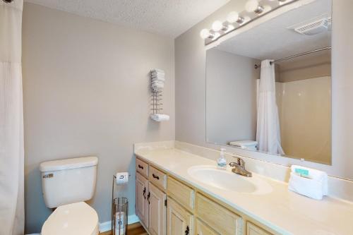 a bathroom with a sink and a toilet and a mirror at Baneberry Inn 4 in White Pine