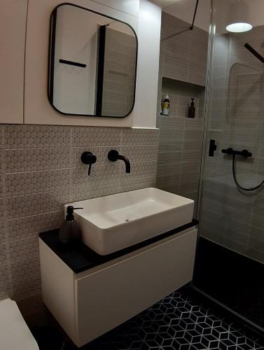 a bathroom with a sink and a shower with a mirror at Soul Apartment in Warsaw