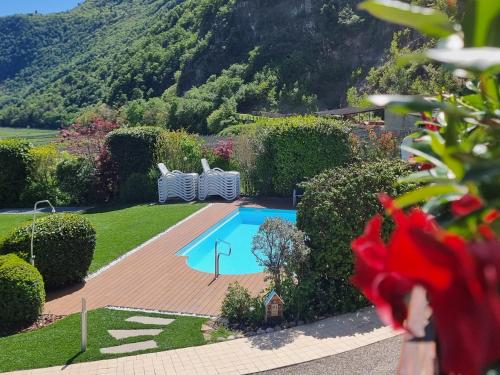 una piscina en un jardín con una montaña en Hofer Hof, en Andrian