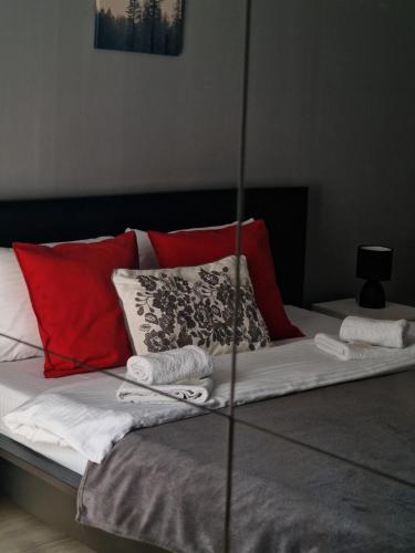 a bed with red and white pillows on it at Horizont Dedine in Golubac