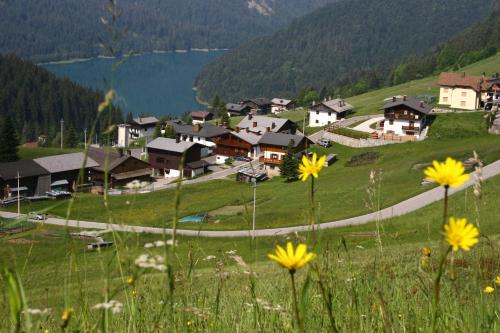 a village on a hill with a road and flowers at Albergo Riglarhaus in Sauris