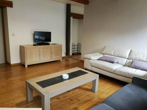 Sala de estar con sofá blanco y mesa de centro en La sittelle des aguesses, en Andenne