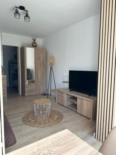 un salon avec une télévision à écran plat sur un centre de divertissement dans l'établissement Charmant studio neuf 150m plage sur avenue principale climatisé et parking, à Cavalaire-sur-Mer