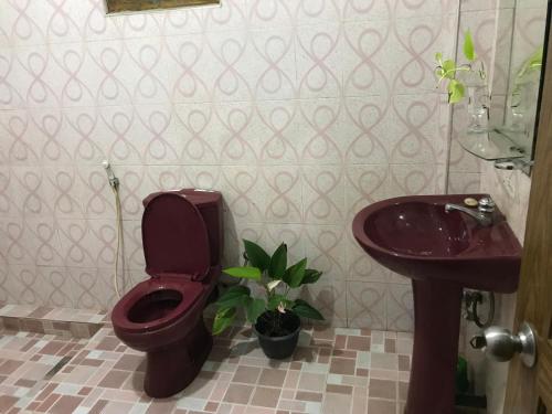 a bathroom with a red toilet and a sink at Menara Villa in Kamburugamuwa