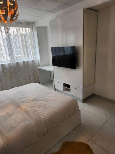 a bedroom with a bed and a flat screen tv at Hello-Guyane, Marina 2, Studio Prestige 5 étoiles in Saint-Laurent du Maroni