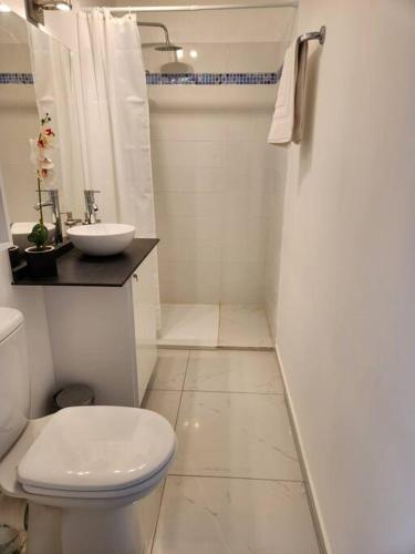 a white bathroom with a toilet and a sink at Hello-Guyane, Marina 2, Studio Prestige 5 étoiles in Saint-Laurent du Maroni