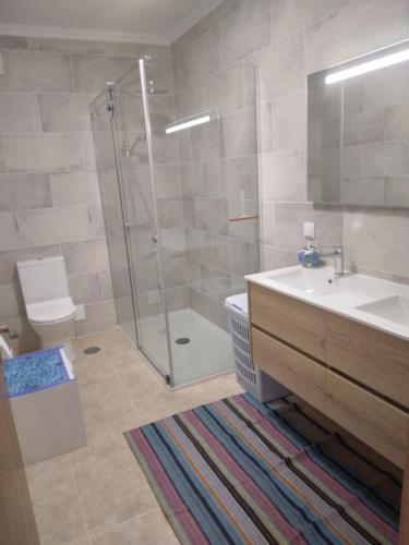 W łazience znajduje się prysznic, umywalka i toaleta. w obiekcie Appartement à LOURINHA - 1er étage w mieście Lourinhã