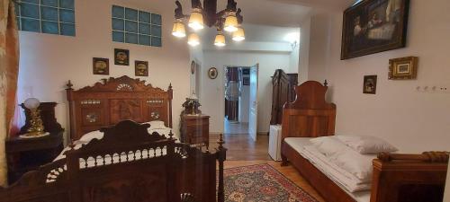 莫雄馬扎爾古堡的住宿－Villa Luca，一间卧室配有一张床和一个吊灯