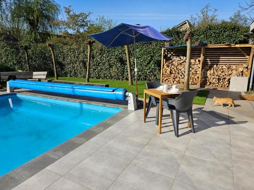 a patio with a table and an umbrella next to a pool at Ham Annex met privé jacuzzi in Almelo