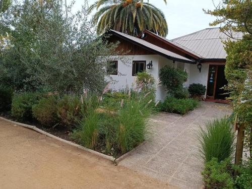 a white house with a palm tree in front of it at Casa Calfu in Santa Cruz