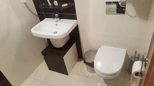 a white bathroom with a sink and a toilet at Tatra Mountain apartment Zakopane in Zakopane